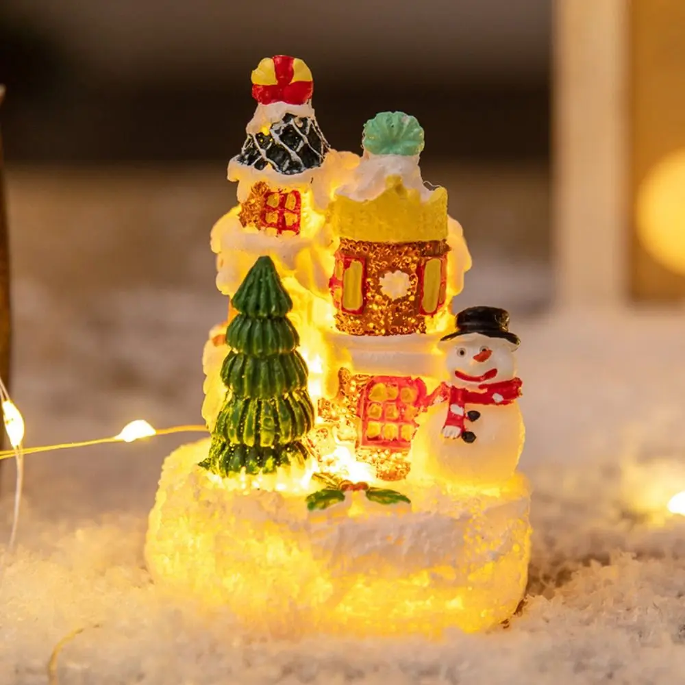 Resin Christmas House Ornaments Creative Cute House Statue Light Artificial Handmade Miniature Figurine Sculptures Children