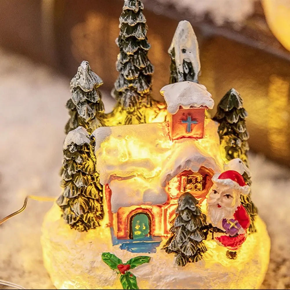 Resin Christmas House Ornaments Creative Cute House Statue Light Artificial Handmade Miniature Figurine Sculptures Children