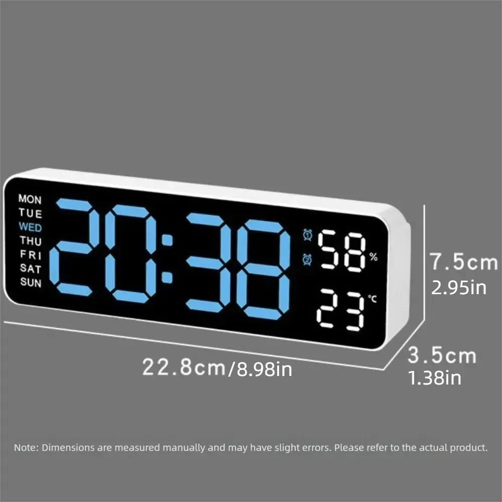 Adjustable Brightness Large Digital Wall Clock Time 12/24Hr Format LED Electronic Clock Date Week and Temperature Two Alarms