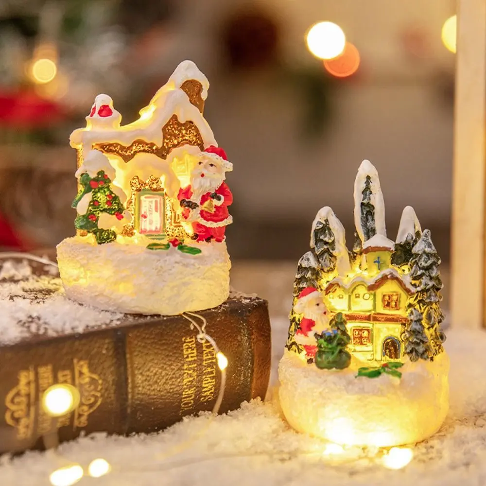 Resin Christmas House Ornaments Creative Cute House Statue Light Artificial Handmade Miniature Figurine Sculptures Children