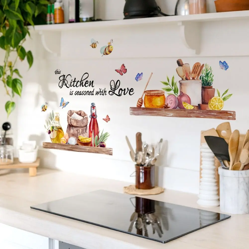 Self-adhesive Bee Butterfly Wall Sticker Removable Waterproof English Kitchen Sticker English Kitchen Kitchen Decal Dining Room