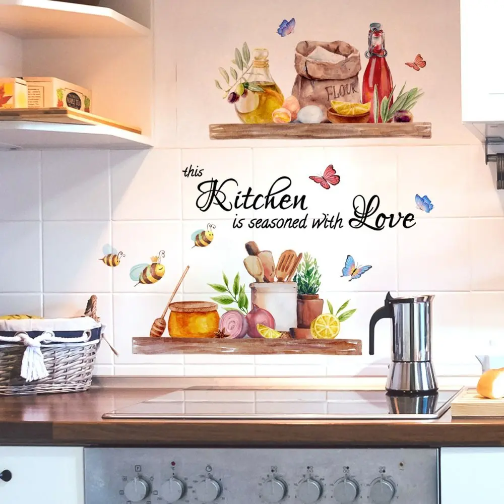 Self-adhesive Bee Butterfly Wall Sticker Removable Waterproof English Kitchen Sticker English Kitchen Kitchen Decal Dining Room
