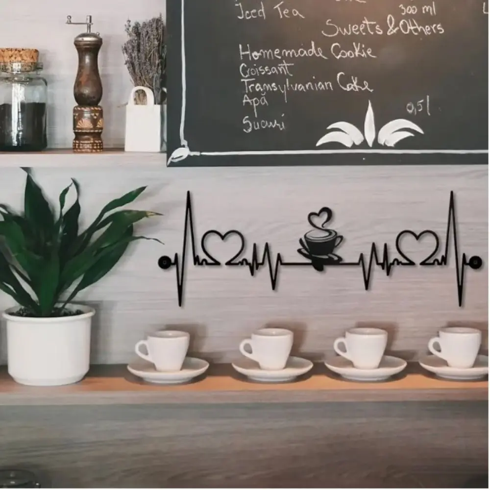 Creative Handicraft Coffee Cup Wall Pendant Black Iron Art Coffee Cup Ornaments 3D Wall Silhouette Sculpture Kitchen