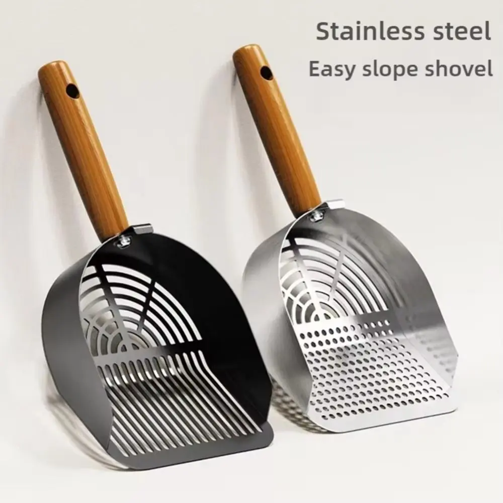 Stainless Steel Cat Litter Scoop with Hanging Hole Long Wood Handle Toilet Garbage Picker with Hook Detachable Pet Waste Shovel
