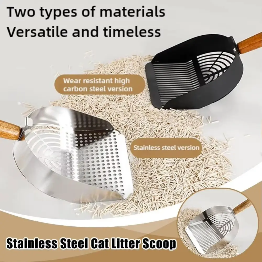 Stainless Steel Cat Litter Scoop with Hanging Hole Long Wood Handle Toilet Garbage Picker with Hook Detachable Pet Waste Shovel