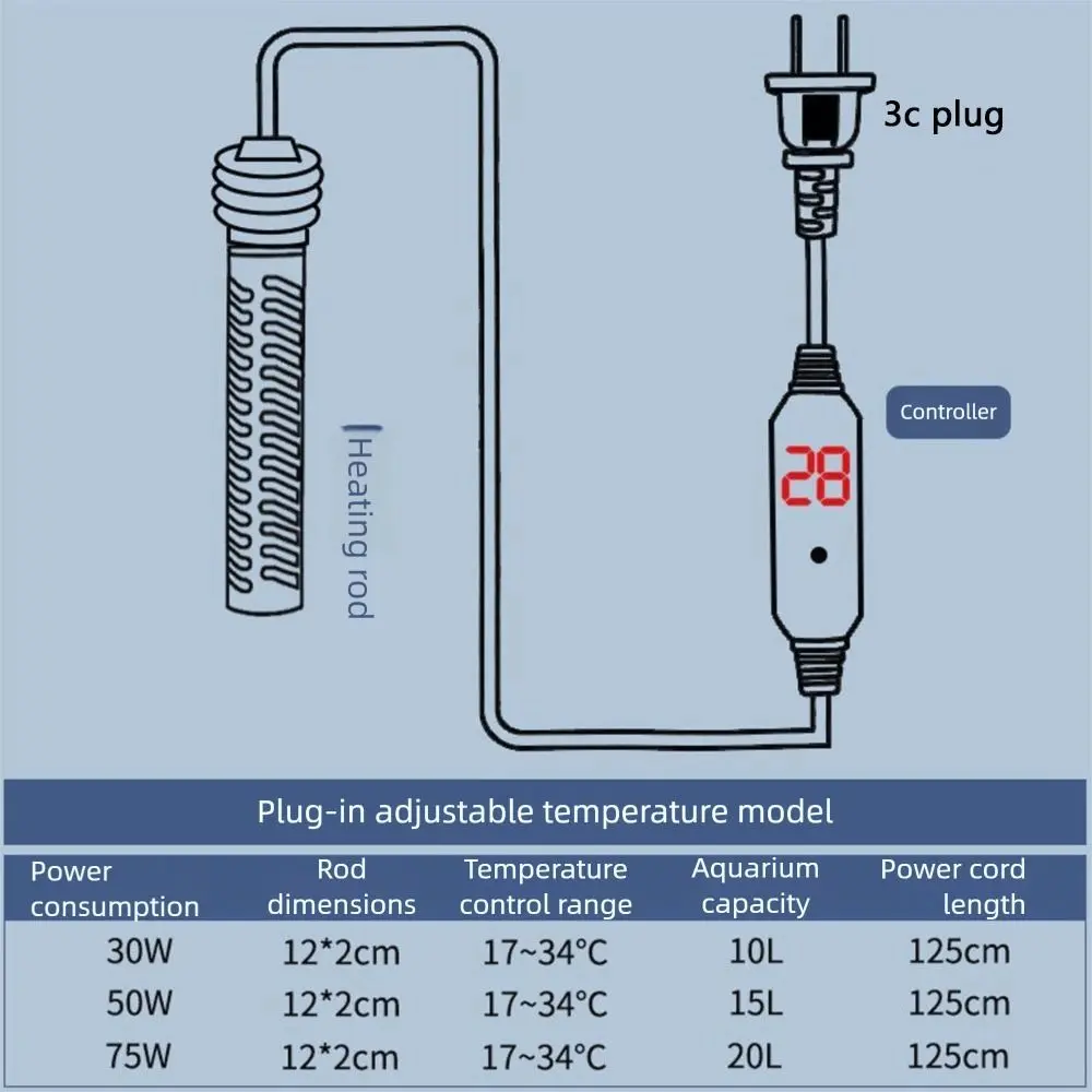 17-34°C Aquarium Submersible Heater Digital Display Adjustable Temperature Control Fish Tank Heater 25W-75W Aquarium Thermostat