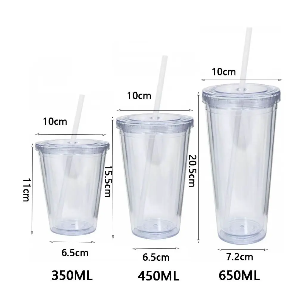 Househo 350/450/650ml Clear Tumbler with Lid and Straw Transparent Water Bottle Plastic Double-Layer Iced Coffee Cup Milk