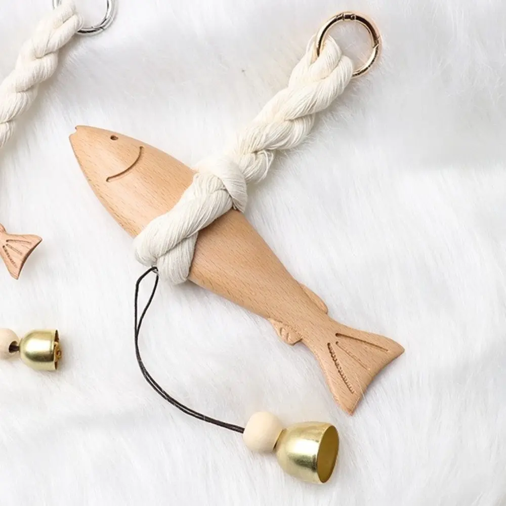 Marine Beach Themed Wood Fish Sculpture with Bell Handcrafted Fish Door Chimes Rustic Hand Carved Nautical Pendant Ornament