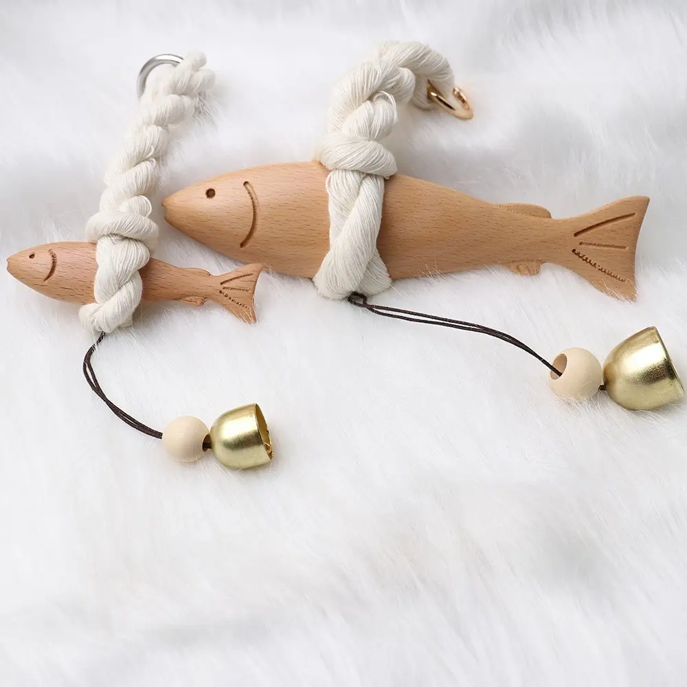 Marine Beach Themed Wood Fish Sculpture with Bell Handcrafted Fish Door Chimes Rustic Hand Carved Nautical Pendant Ornament