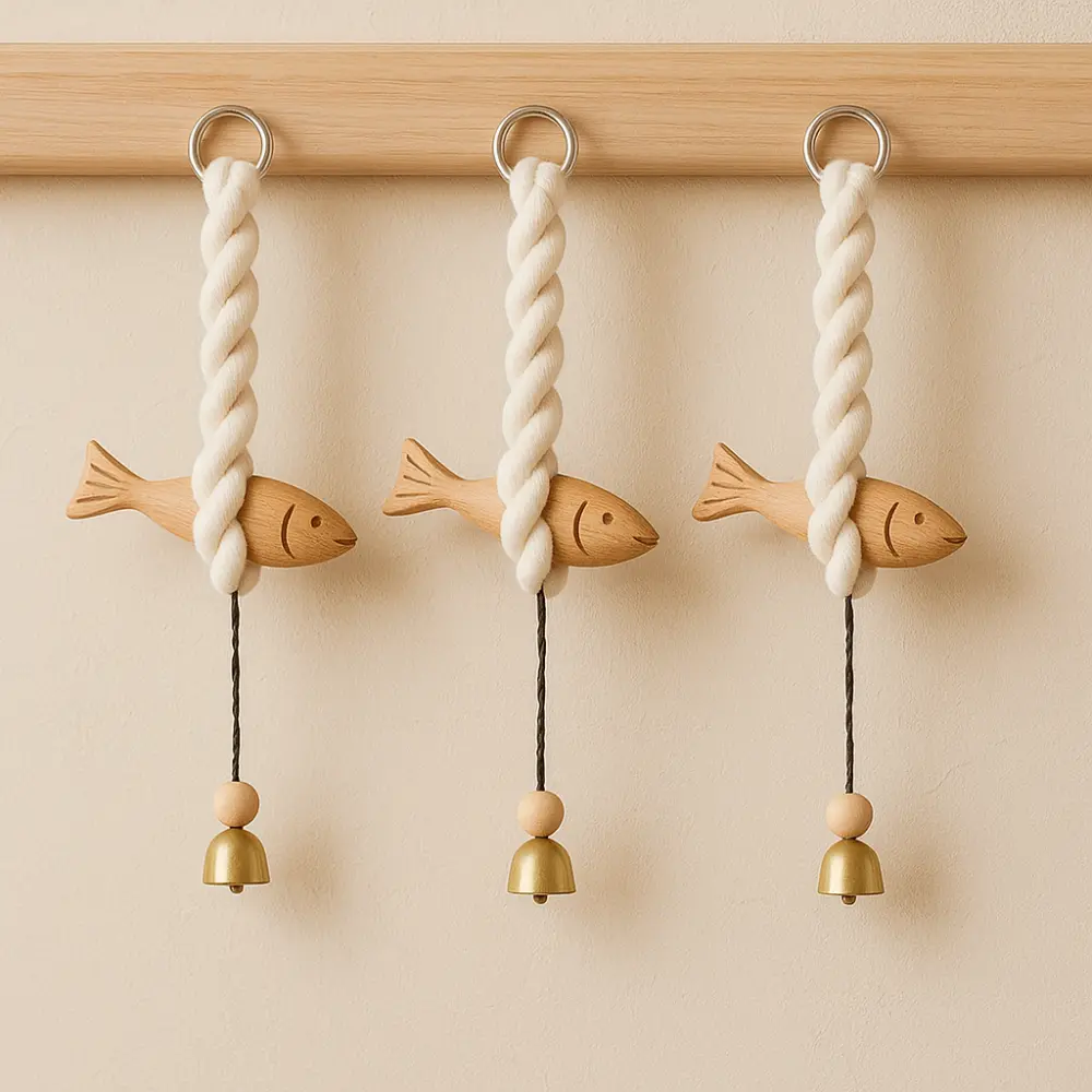 Marine Beach Themed Wood Fish Sculpture with Bell Handcrafted Fish Door Chimes Rustic Hand Carved Nautical Pendant Ornament