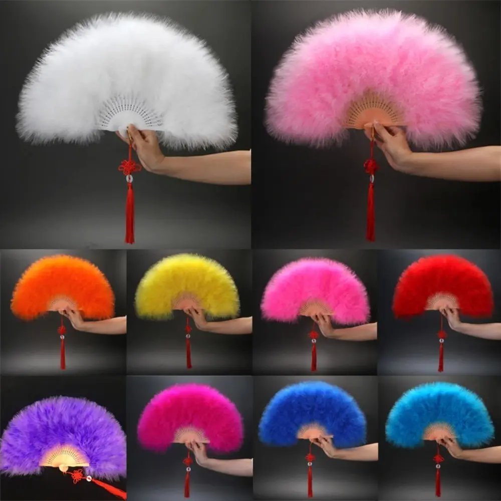 Chinese Handheld Feather Fan Colorful with Tassels Wedding Folding Fan Elegant Traditional Show Dance Fan