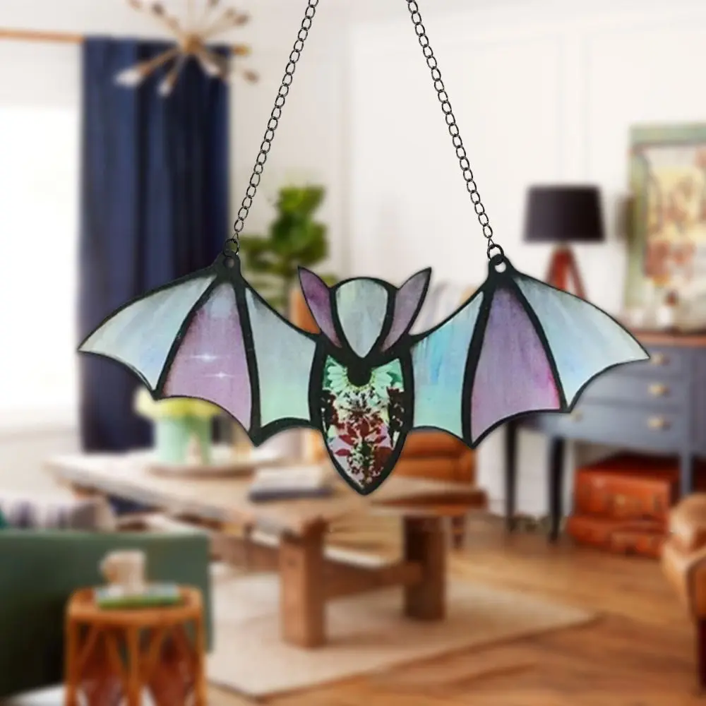 Creative With Chain ​ Halloween Acrylic Bat Wall Art Bat Shaped Halloween Bat Pendant Colorful Wall Hanging Bat ​