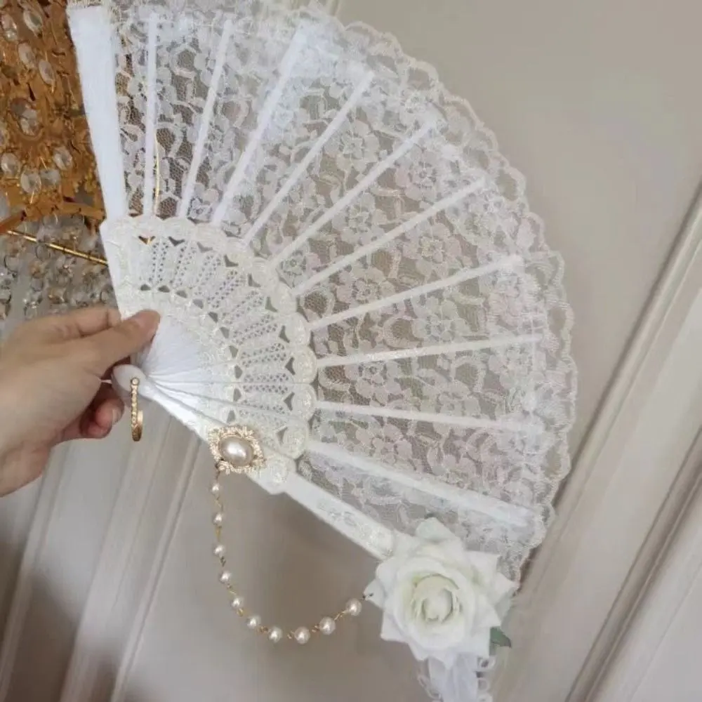 Elegant Retro Feather Rose Folding Fan Classical with Pendant Hand Fan Portable Handmade Decorative Craft Fan Photography Prop