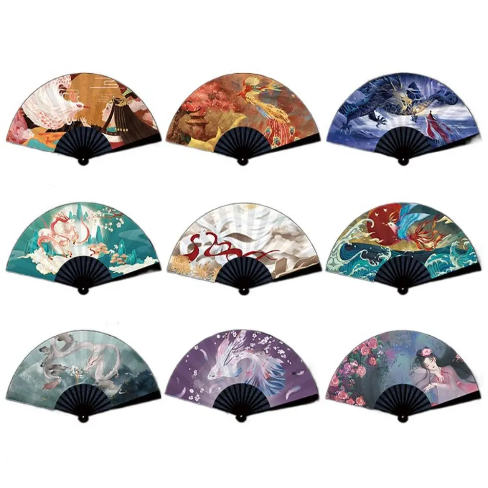 Taffeta Folding Fan Vintage ABS Plastic Handle Hand Fan Large Size Foldable Bamboo Fan