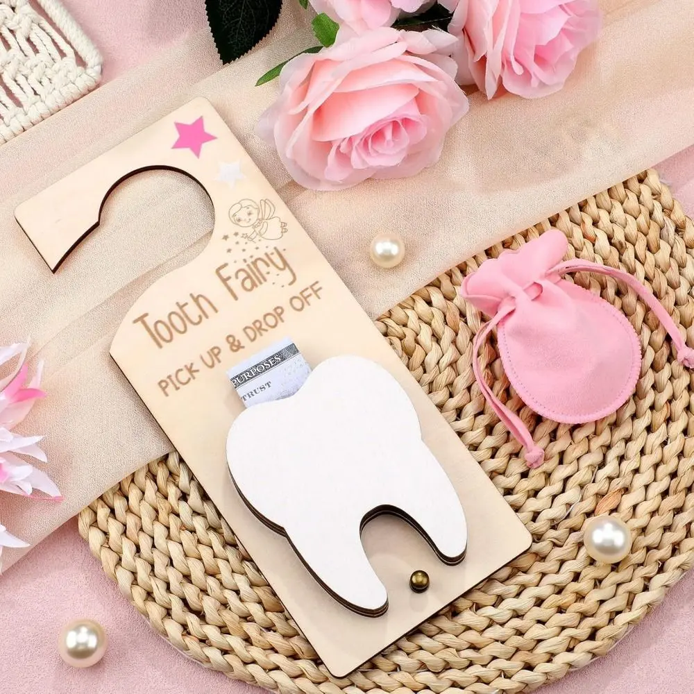 1 Set With Bag Tooth Door Hanging Pendant With Slot Wear Resistant Wooden Tooth Fairy Holder Hanging Tooth Holder Bag Pouch