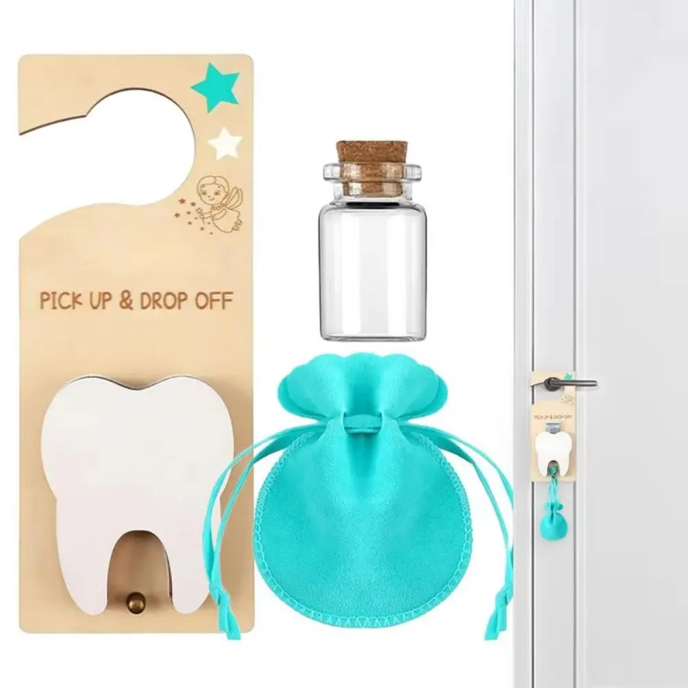 1 Set With Bag Tooth Door Hanging Pendant With Slot Wear Resistant Wooden Tooth Fairy Holder Hanging Tooth Holder Bag Pouch