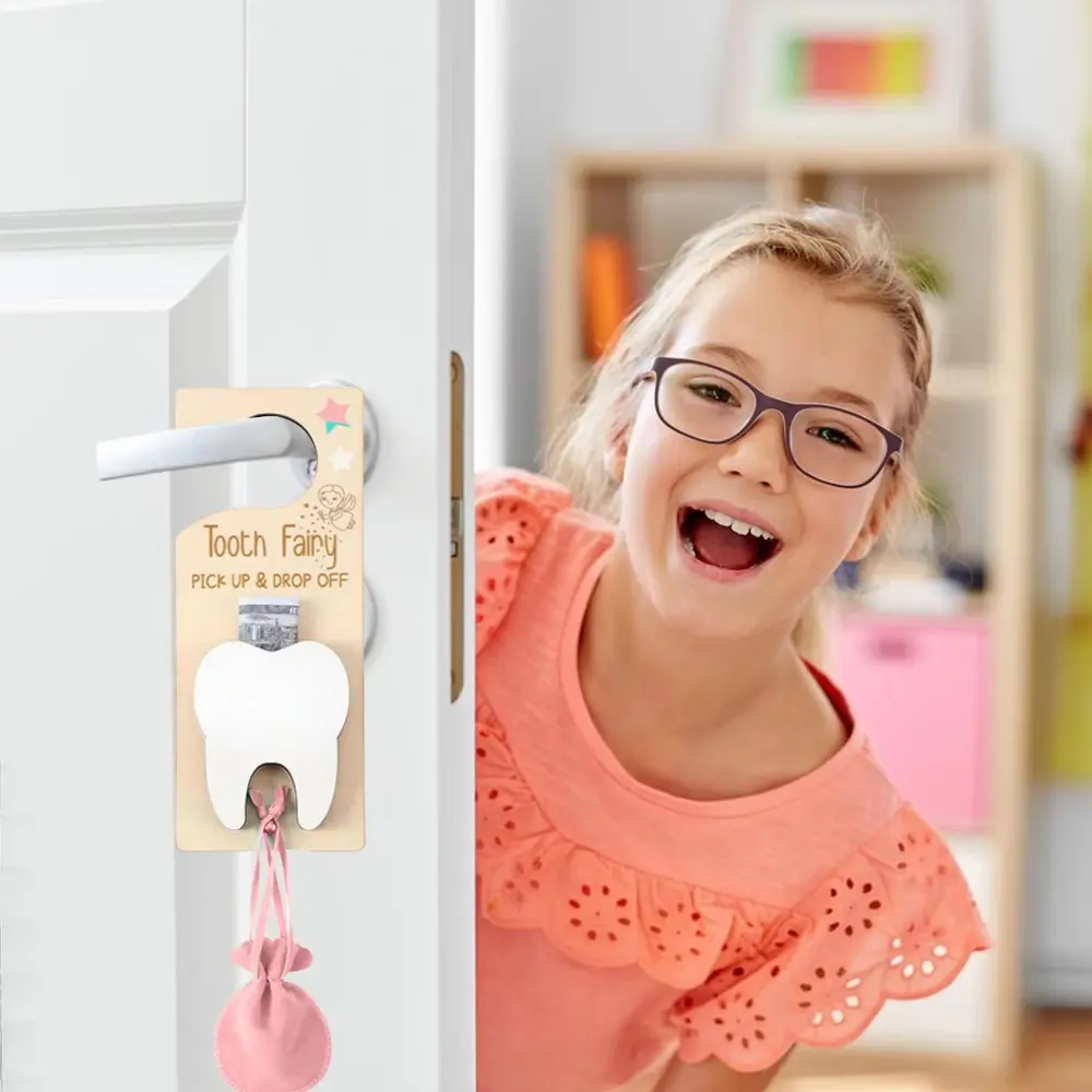 1 Set With Bag Tooth Door Hanging Pendant With Slot Wear Resistant Wooden Tooth Fairy Holder Hanging Tooth Holder Bag Pouch