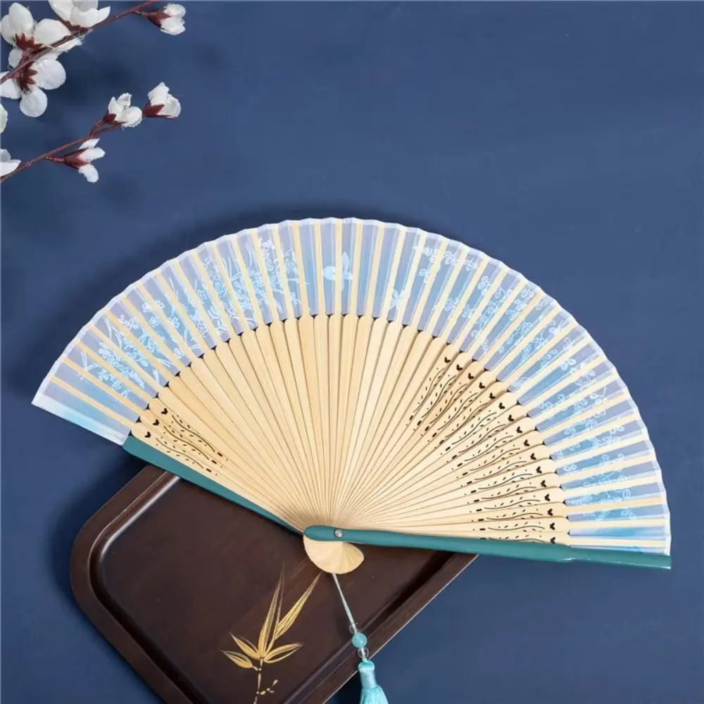 Art Fan Craft Retro Portable Folding Fan Chinese Style Bamboo Dance Fan with Tassels Butterfly Floral Pattern Cool Fan Female