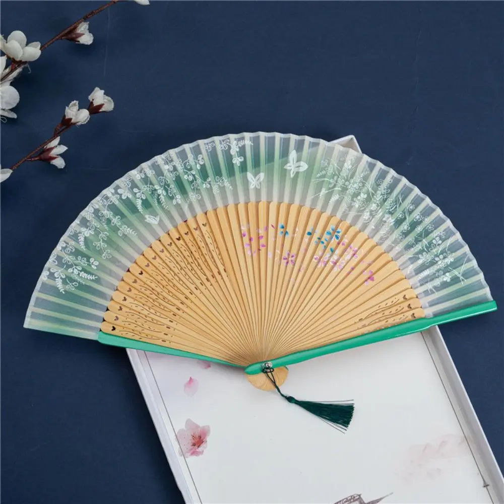 Art Fan Craft Retro Portable Folding Fan Chinese Style Bamboo Dance Fan with Tassels Butterfly Floral Pattern Cool Fan Female
