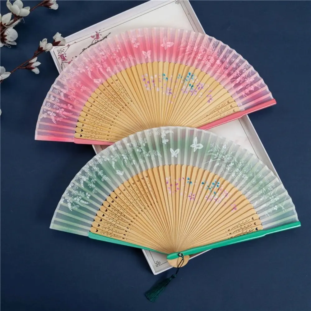 Art Fan Craft Retro Portable Folding Fan Chinese Style Bamboo Dance Fan with Tassels Butterfly Floral Pattern Cool Fan Female