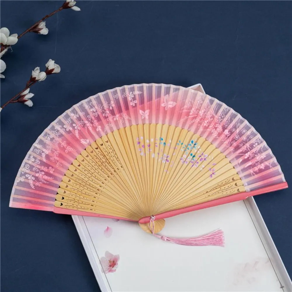 Art Fan Craft Retro Portable Folding Fan Chinese Style Bamboo Dance Fan with Tassels Butterfly Floral Pattern Cool Fan Female
