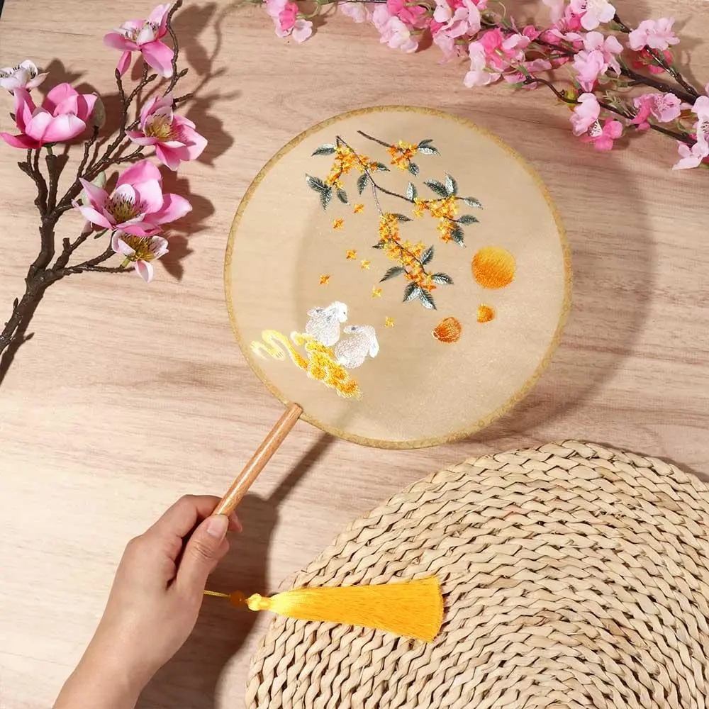 Ancient Chinese Style Chinese Style Fan Handheld with Pendant Embroidery Fan Floral Pattern Tassels Silk Fan Photography Prop