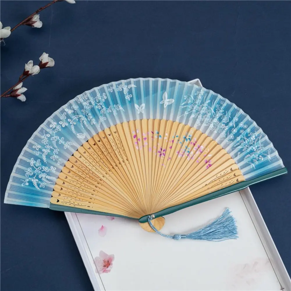 Art Fan Craft Retro Portable Folding Fan Chinese Style Bamboo Dance Fan with Tassels Butterfly Floral Pattern Cool Fan Female