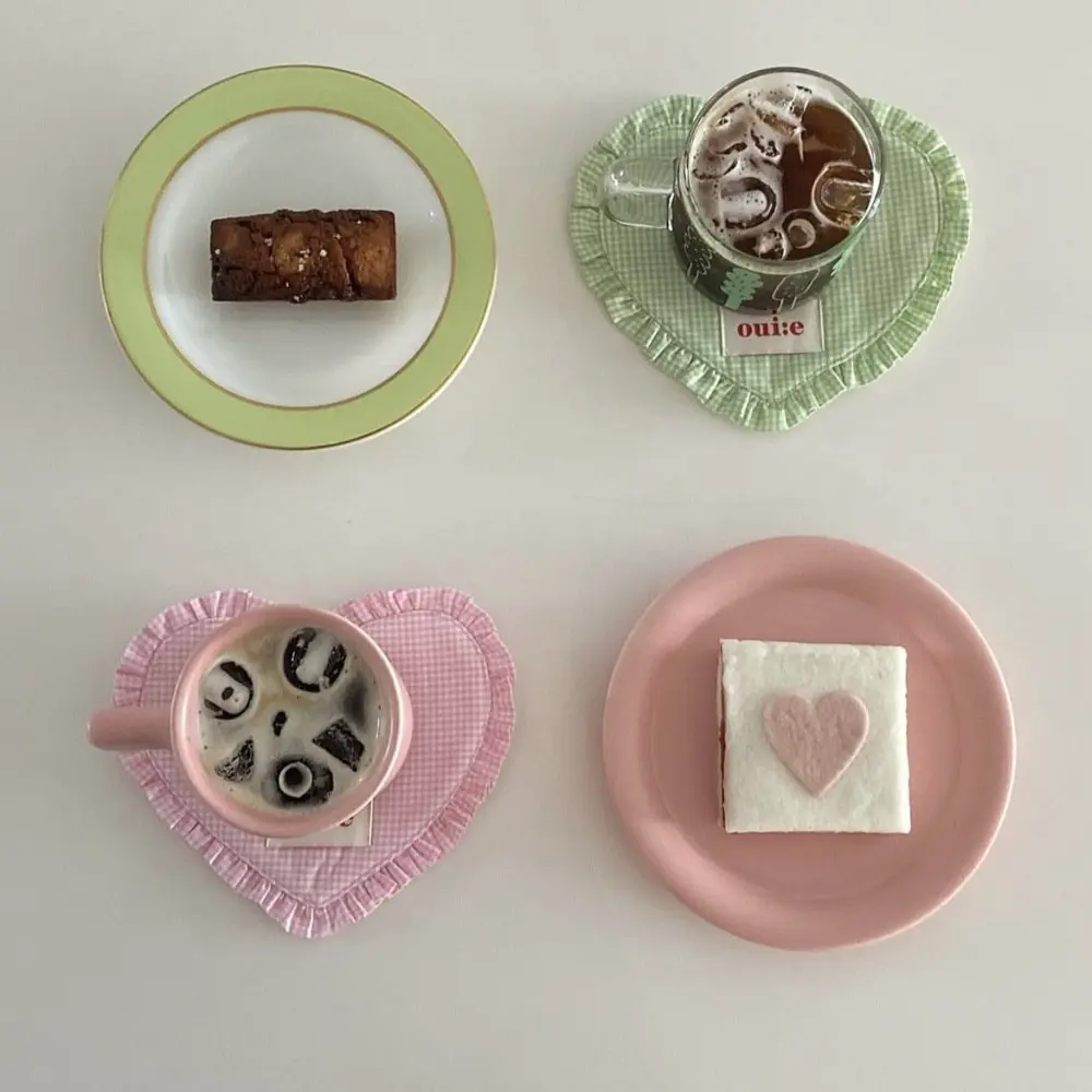 Photography Props INS Heart-shaped Plaid Meal Mat with Pleated Lace Cotton Bowl Mats Delicate Cute Table Mat Kitchen