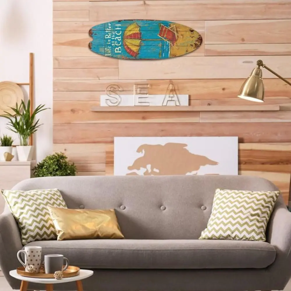 Retro Exquisite Printing Wooden Surfboard Cool Easy to Use Marine Steering Wall Board Bright Beach Ocean Theme Home