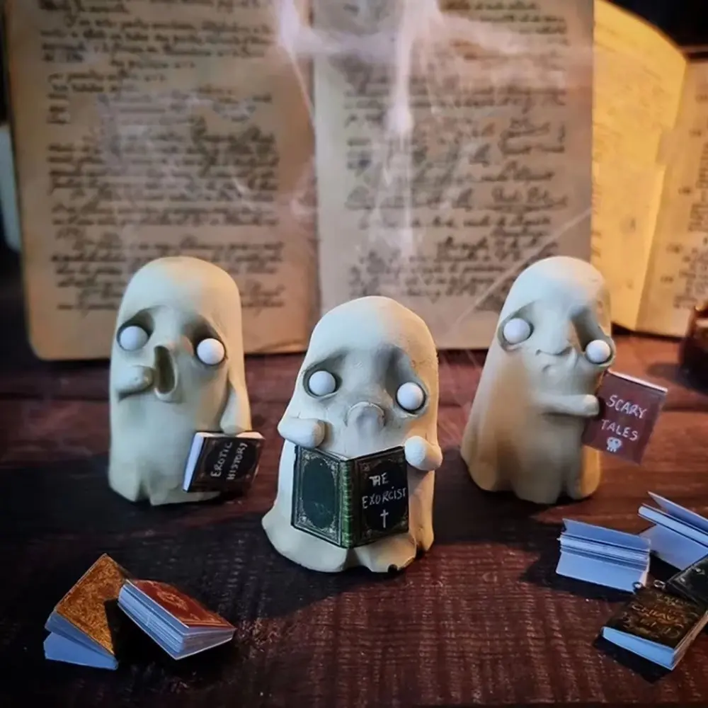 Desktop Ornament Resin Ghost Reading Ornament Creative Cute Halloween Ghost Figurine White Funny Ghost Statue Children Gift