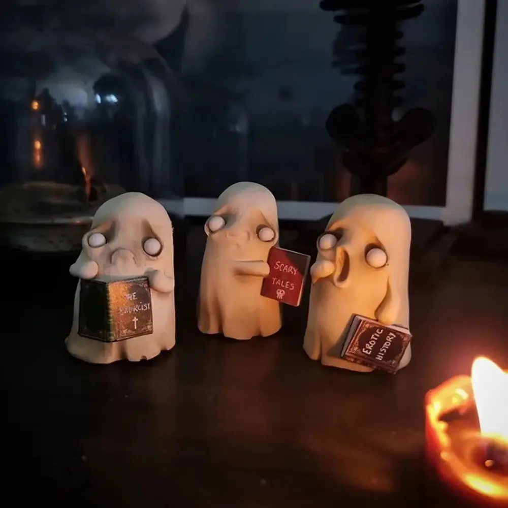 Desktop Ornament Resin Ghost Reading Ornament Creative Cute Halloween Ghost Figurine White Funny Ghost Statue Children Gift