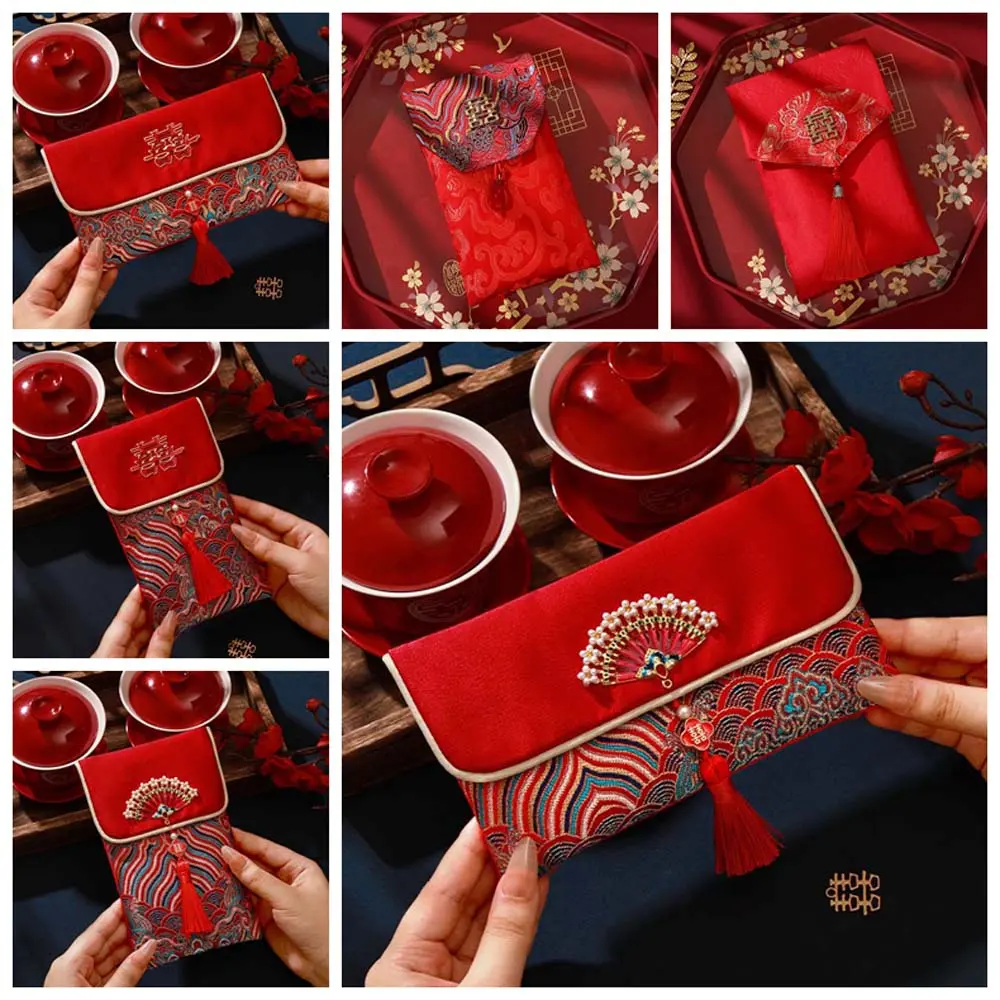 New Year Blessing Words Brocade Red Envelope Spring Festival Brocade Cloth Tassel 2025 Money Pocket HongBao Best Wishes