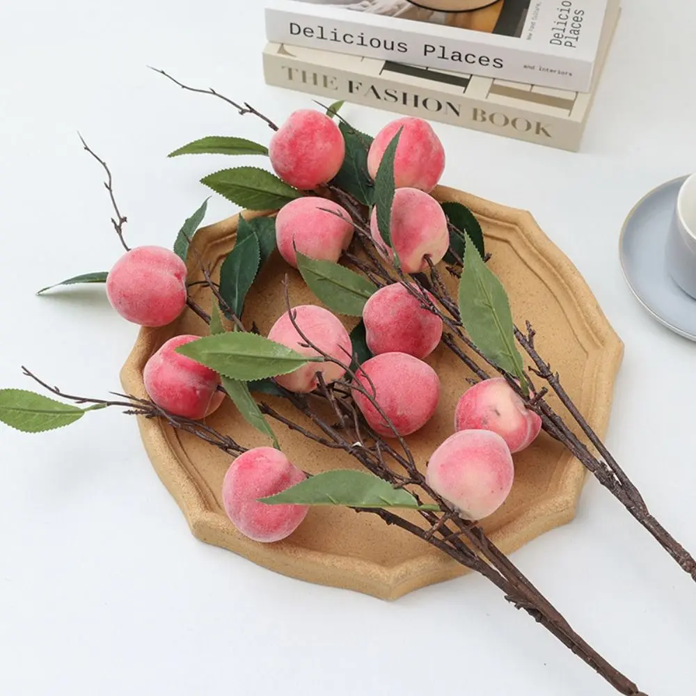 6 Heads Artificial Peach Branch Plastic Realistic Simulation Peach Fruit Handmade Fake Plants Living Room Balcony Decoration
