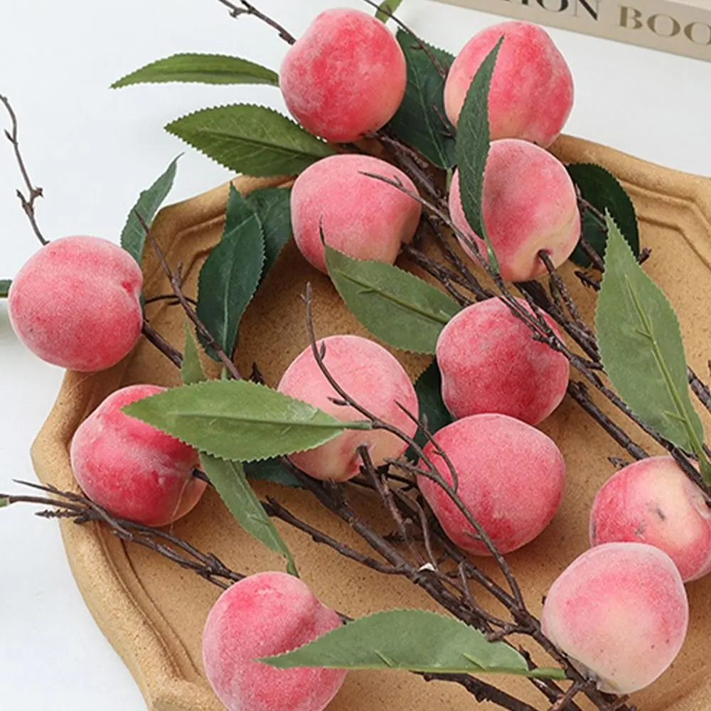 6 Heads Artificial Peach Branch Plastic Realistic Simulation Peach Fruit Handmade Fake Plants Living Room Balcony Decoration