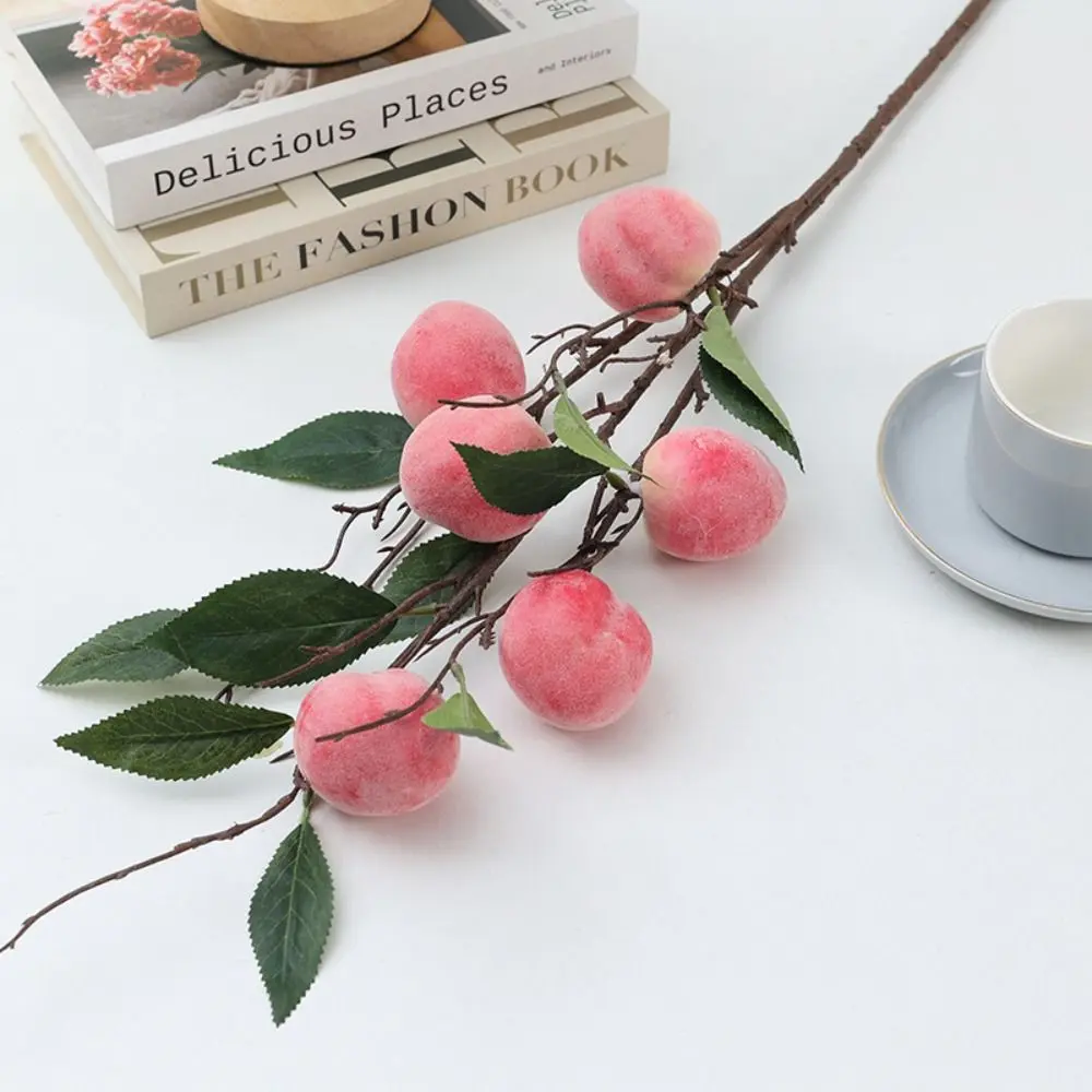 6 Heads Artificial Peach Branch Plastic Realistic Simulation Peach Fruit Handmade Fake Plants Living Room Balcony Decoration