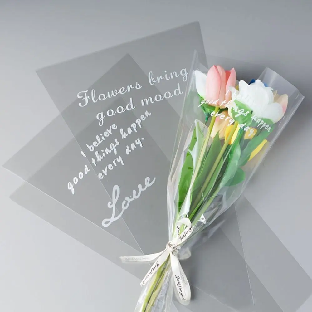 50Pcs Transparent Flower Packaging Bag Package Supplies Waterproof Wrapping Paper Trapezoidal Plastic Bag