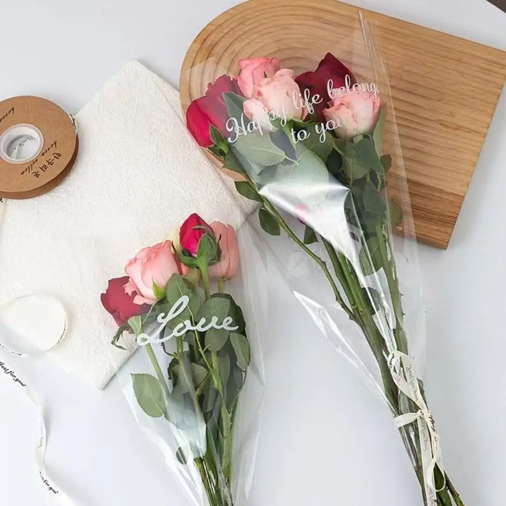 50Pcs Transparent Flower Packaging Bag Package Supplies Waterproof Wrapping Paper Trapezoidal Plastic Bag