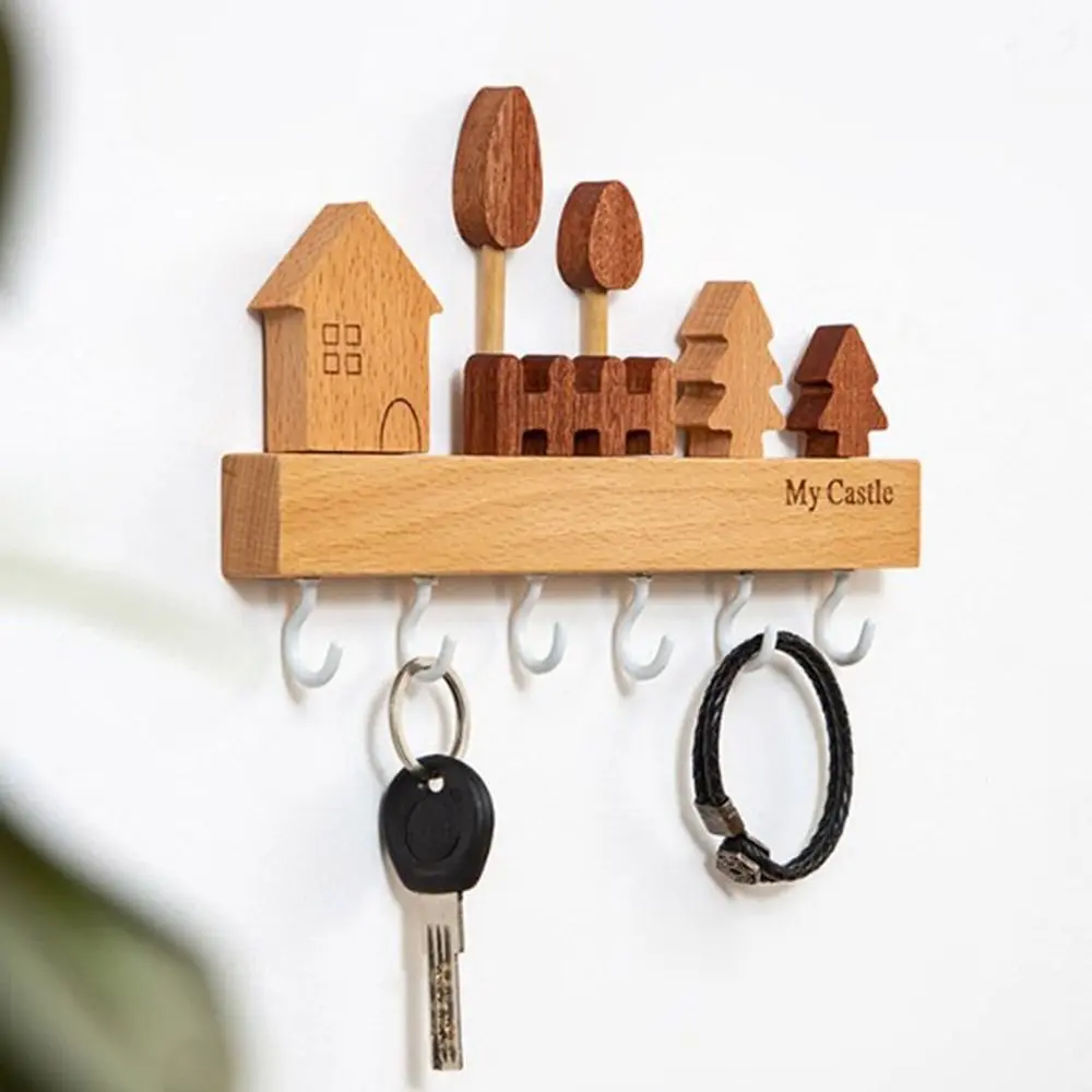 Home Decor Accessory Solid Wood Key Hook Rack non-toxic No-Drill Decorative Hook Wall Mount Cute Coat Rack Towels