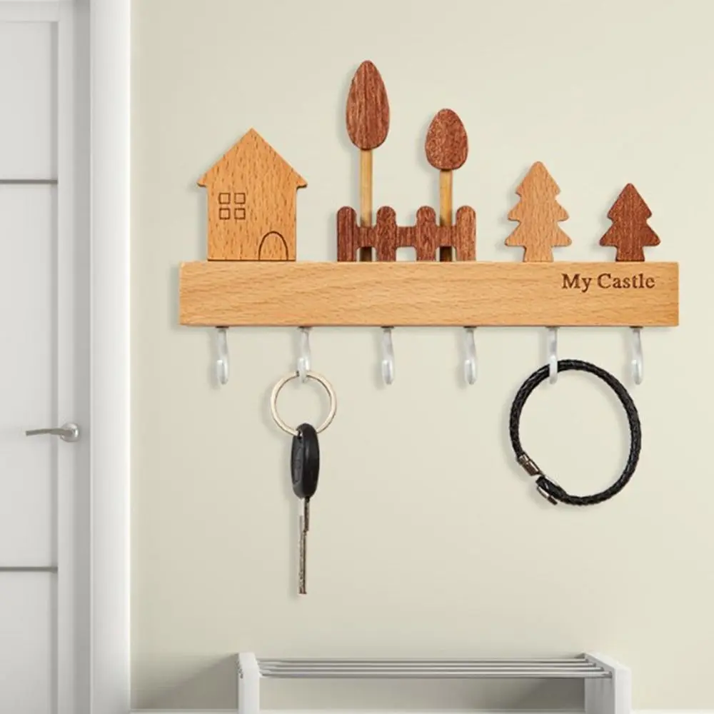 Home Decor Accessory Solid Wood Key Hook Rack non-toxic No-Drill Decorative Hook Wall Mount Cute Coat Rack Towels