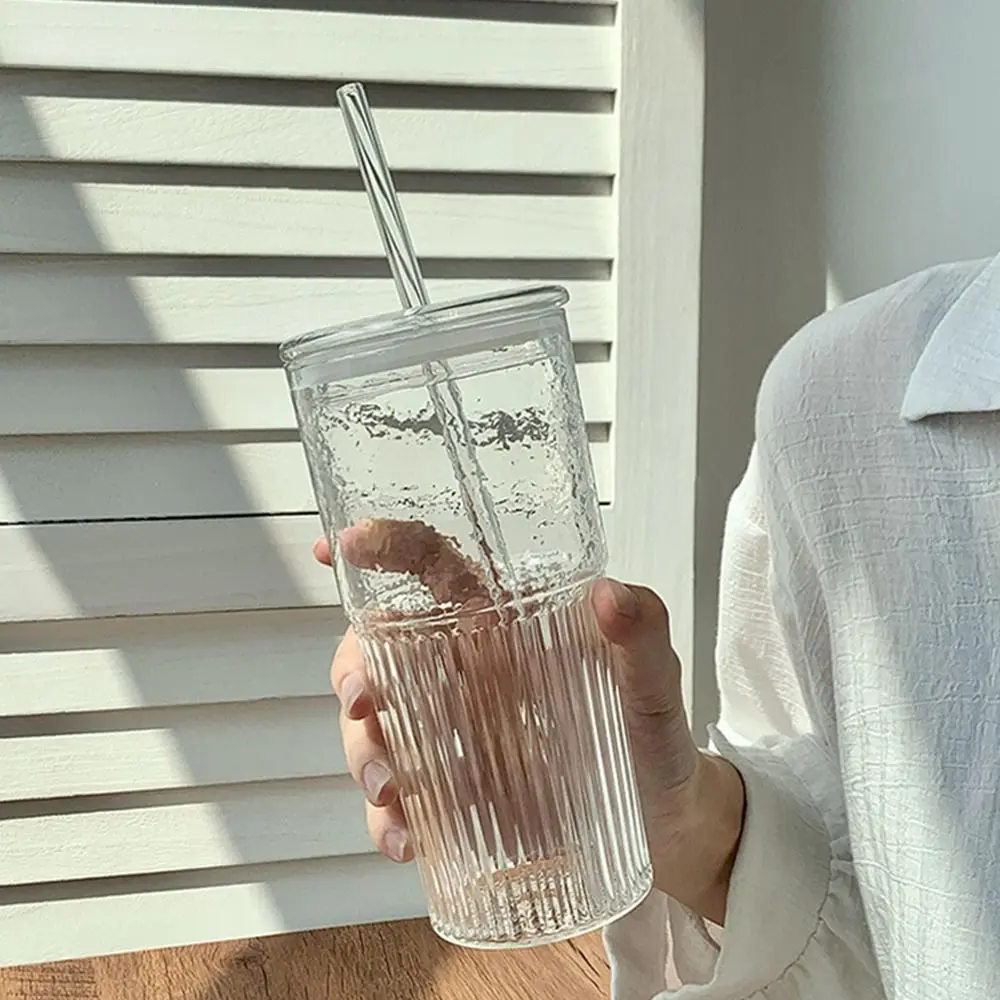 500/600ML Transparent Glass Cup With Lid Large Capacity Straw Cup Heat Resistant Cold Drink Cup Office