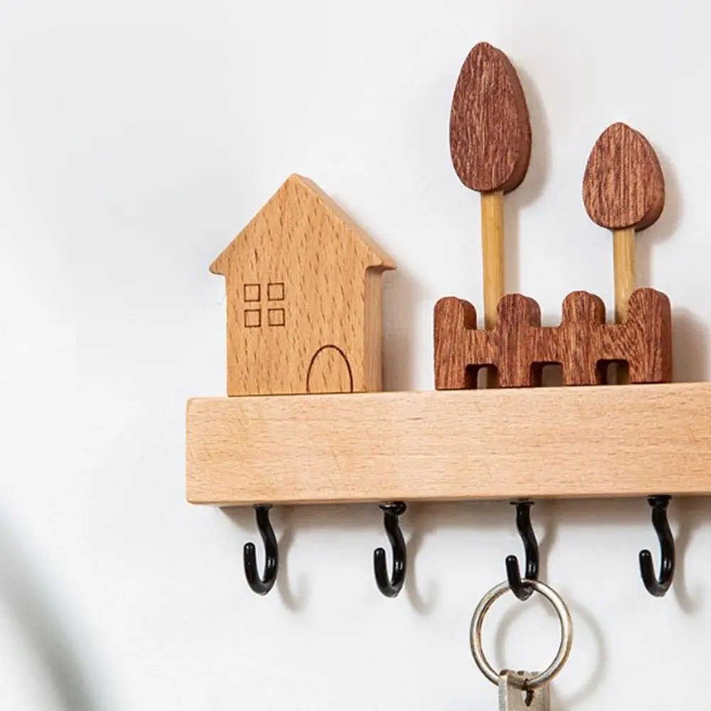 Home Decor Accessory Solid Wood Key Hook Rack non-toxic No-Drill Decorative Hook Wall Mount Cute Coat Rack Towels