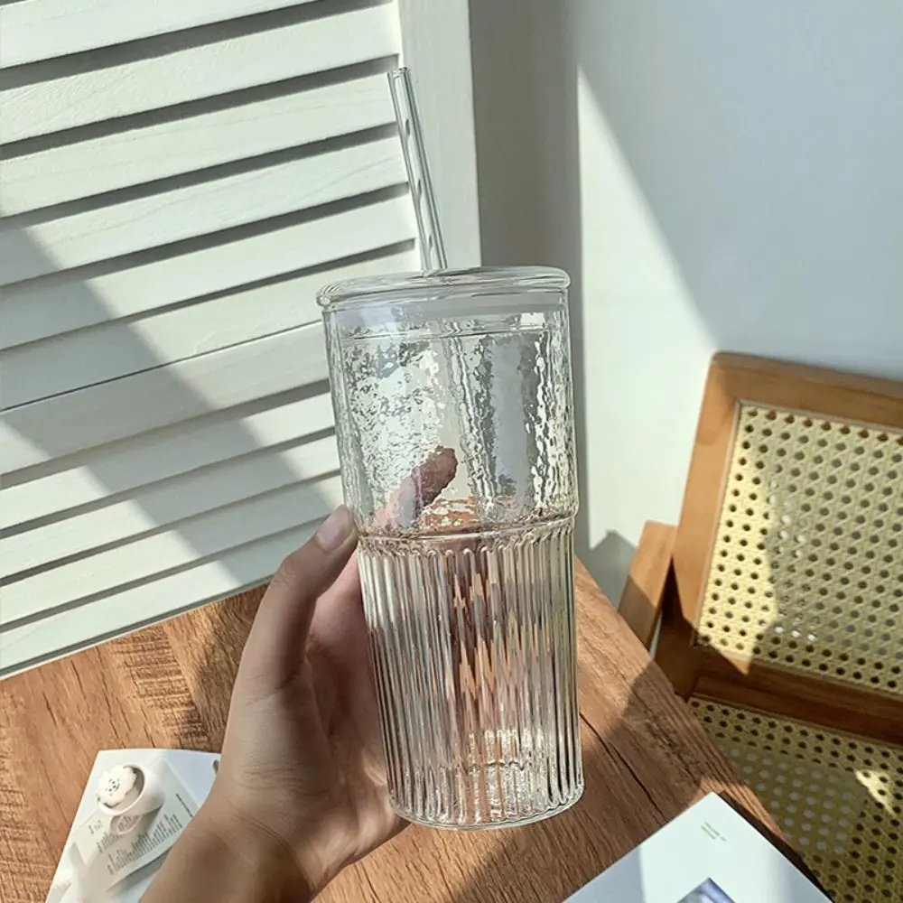 500/600ML Transparent Glass Cup With Lid Large Capacity Straw Cup Heat Resistant Cold Drink Cup Office