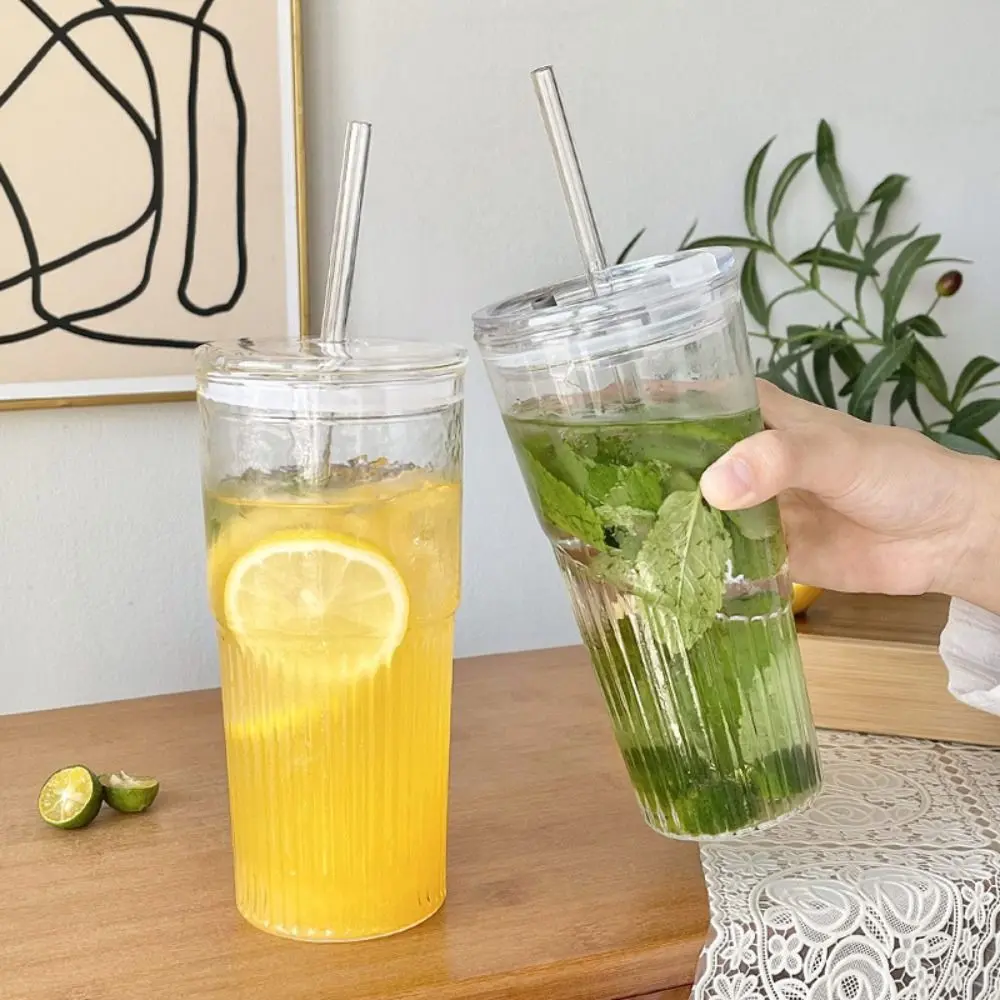 500/600ML Transparent Glass Cup With Lid Large Capacity Straw Cup Heat Resistant Cold Drink Cup Office