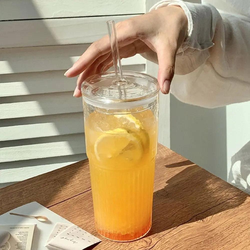 500/600ML Transparent Glass Cup With Lid Large Capacity Straw Cup Heat Resistant Cold Drink Cup Office