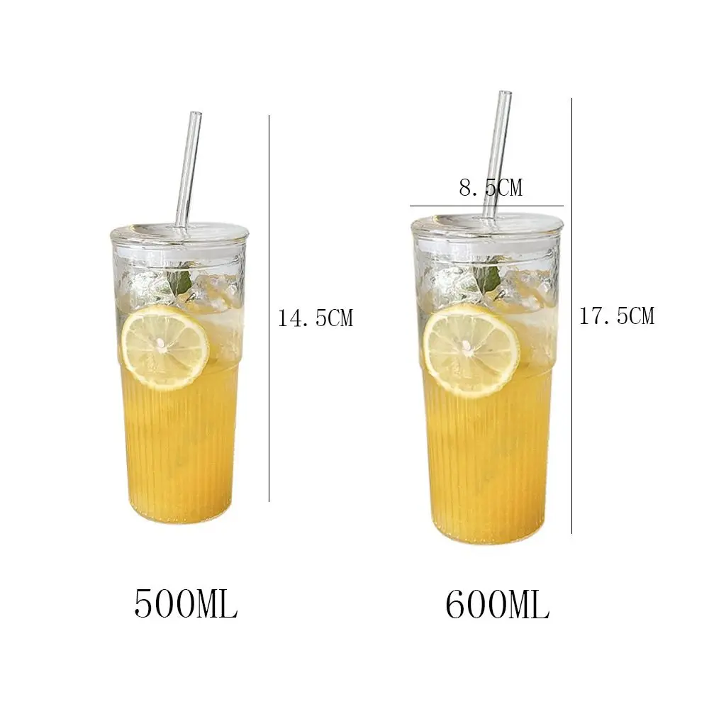500/600ML Transparent Glass Cup With Lid Large Capacity Straw Cup Heat Resistant Cold Drink Cup Office