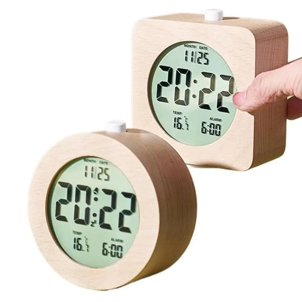 Round/Square Wooden Alarm Clock Silent Battery Operated Multifunctional Electronic Clock Date Temperature Display Nordic Style
