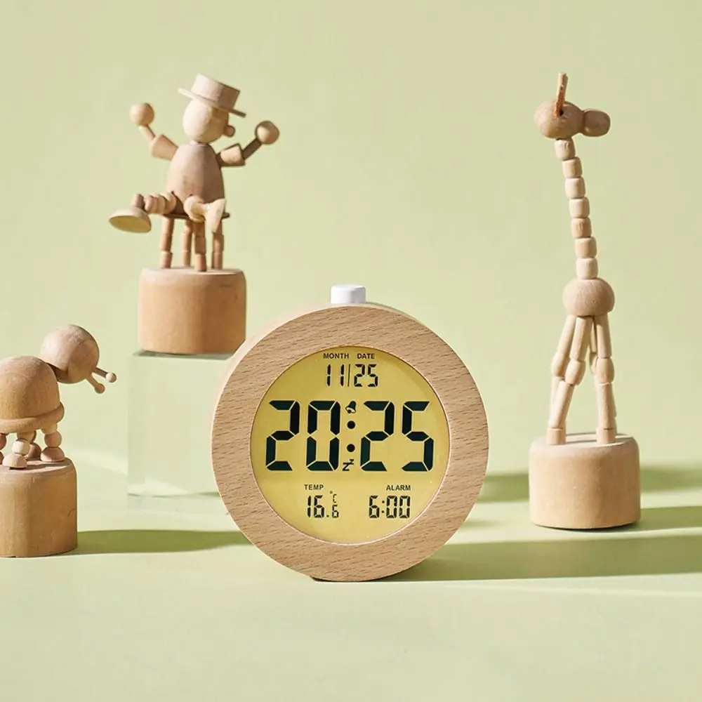 Round/Square Wooden Alarm Clock Silent Battery Operated Multifunctional Electronic Clock Date Temperature Display Nordic Style