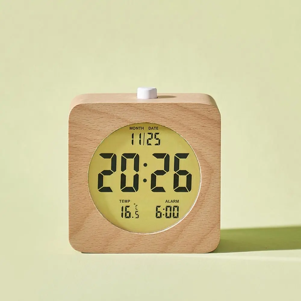 Round/Square Wooden Alarm Clock Silent Battery Operated Multifunctional Electronic Clock Date Temperature Display Nordic Style