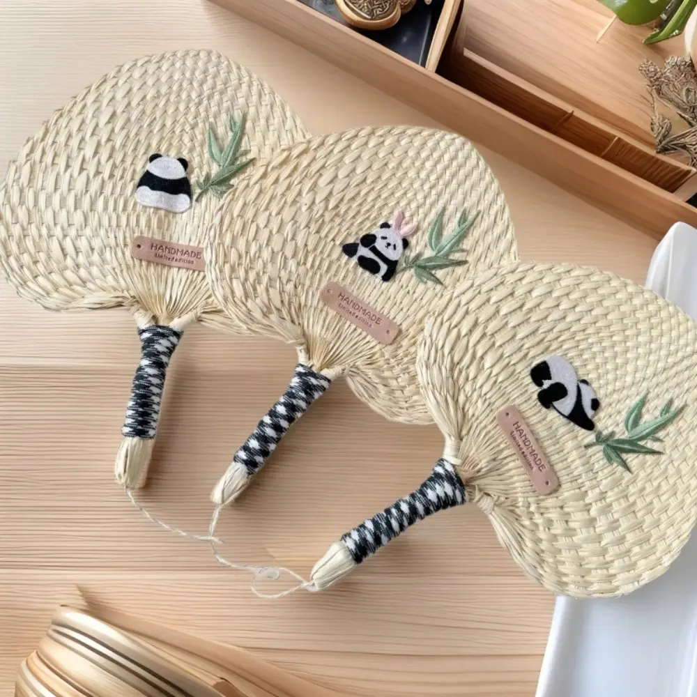 Durable Vintage Cattail Fan Chinese Style Pure Color Woven Fan Cartoon Embroidered Handheld Fan Wedding Decor