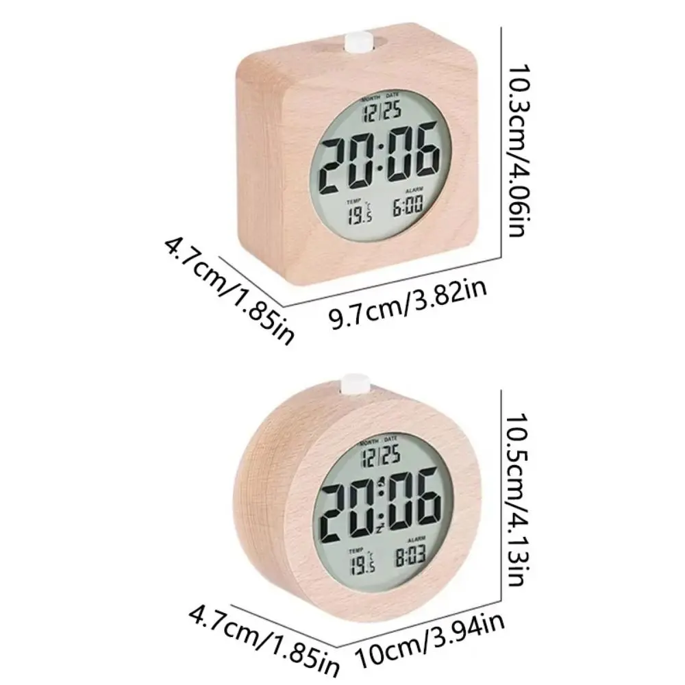 Round/Square Wooden Alarm Clock Silent Battery Operated Multifunctional Electronic Clock Date Temperature Display Nordic Style